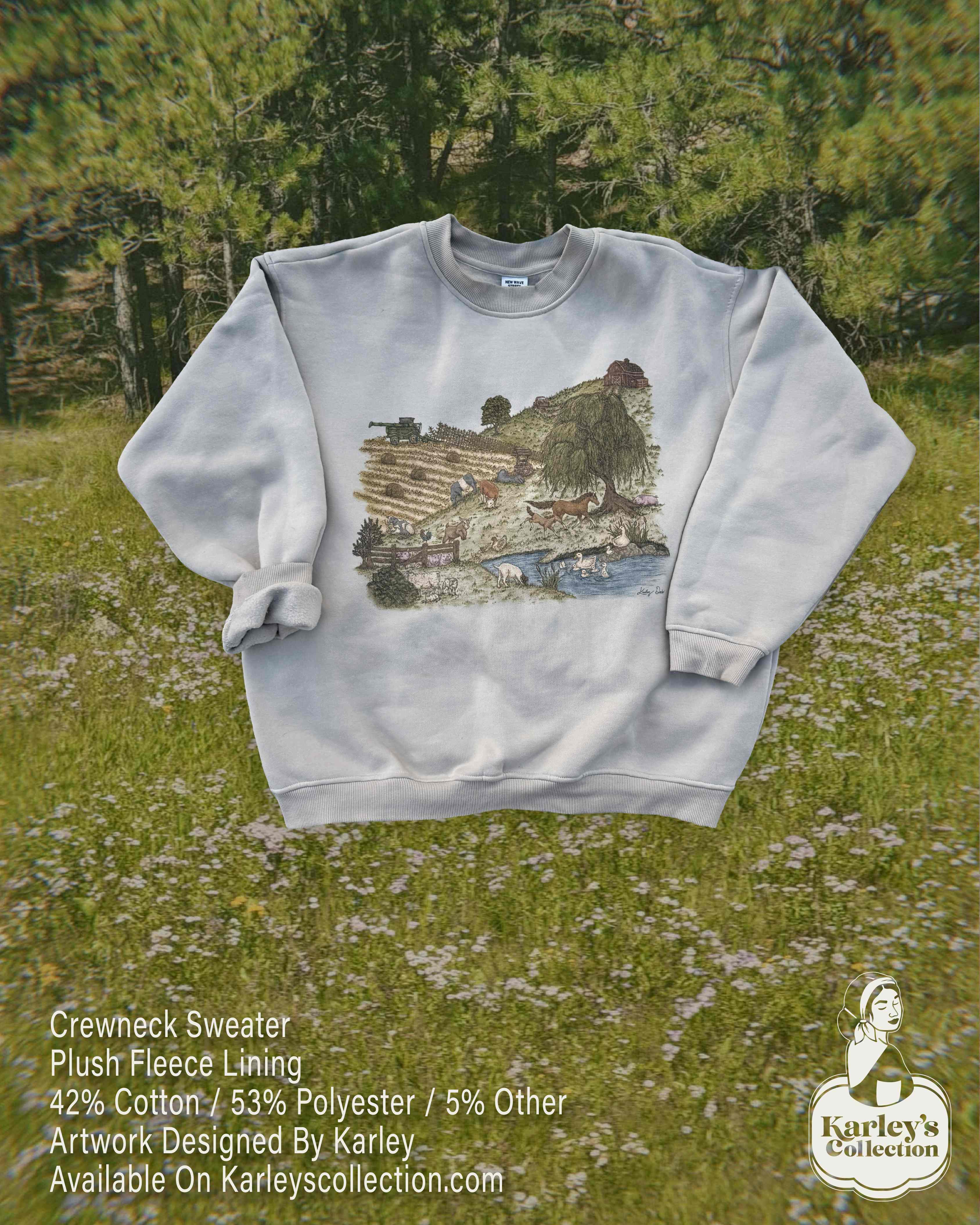 Farm Design on Ribbed Crewneck Sweatshirt